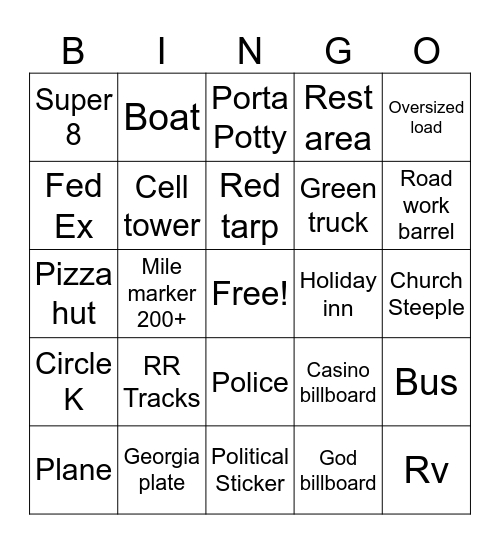 Road Trip Bingo Card