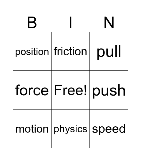 Grade One Physics Bingo Card