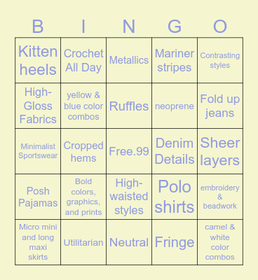 SS Fashion Trends Bingo Card