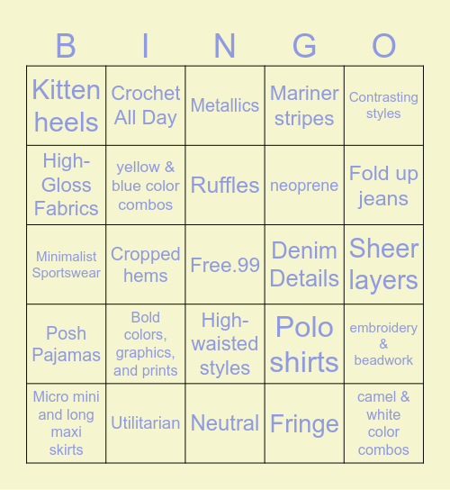 SS Fashion Trends Bingo Card