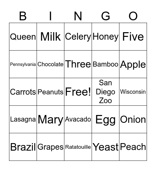 Fun with Food Bingo Card