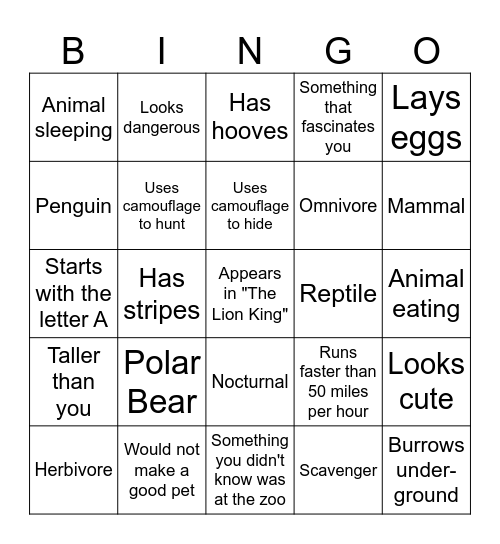 Zoo Photo Challenge Bingo Card