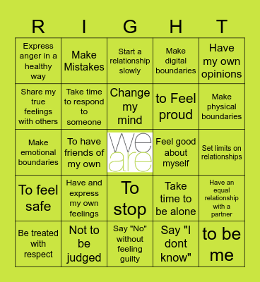 "I have a Right" - Bingo Card