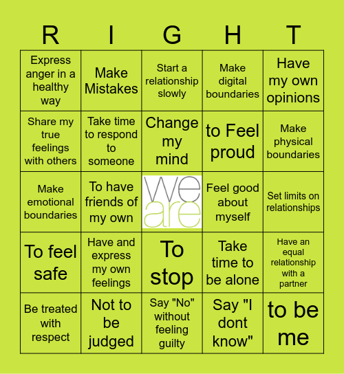 "I have a Right" - Bingo Card