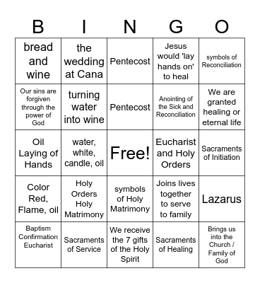 The Sacraments Bingo Card