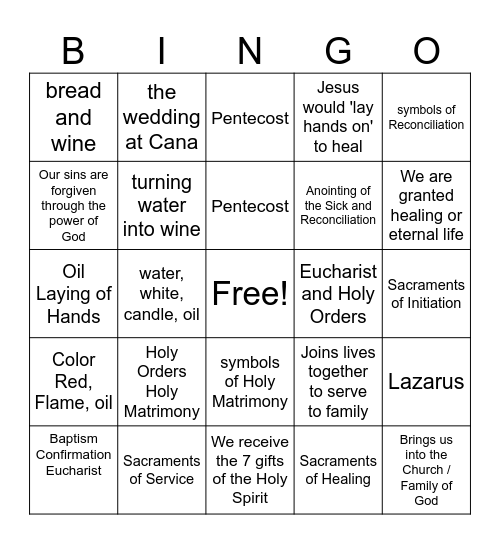 The Sacraments Bingo Card