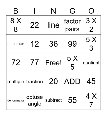 Mix & Match Math Bingo Card