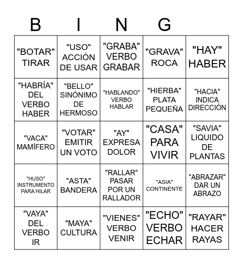 PALABRAS HOMÓFONAS Bingo Card
