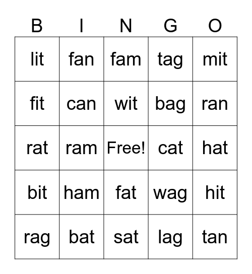 Word Family BINGO Card