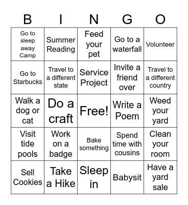 Troop 12301 Summer Bingo Card