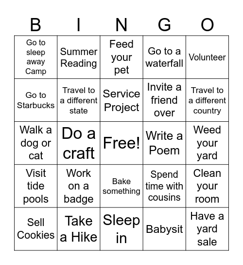 Troop 12301 Summer Bingo Card