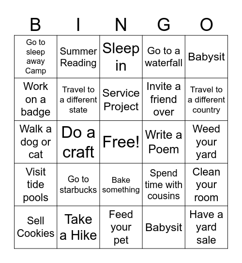 Troop 12301 Summer Bingo Card