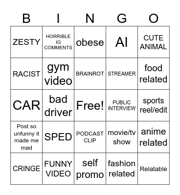 INSTAGRAM REELS BINGO Card