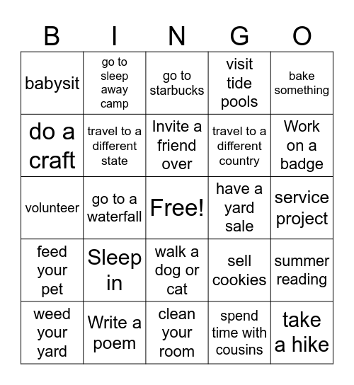 Troop Summer BINGO, too. Bingo Card