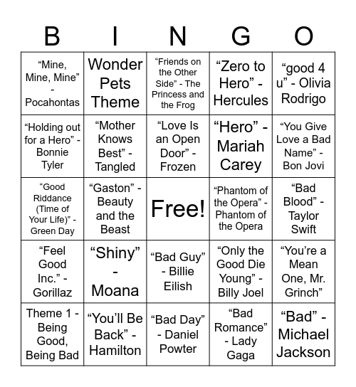 Being Good, Being Bad Bingo Card