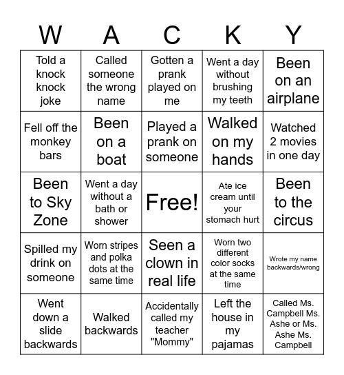 Wacky Tacky Bingo! Bingo Card