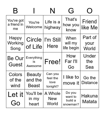Disney Music Bingo Card