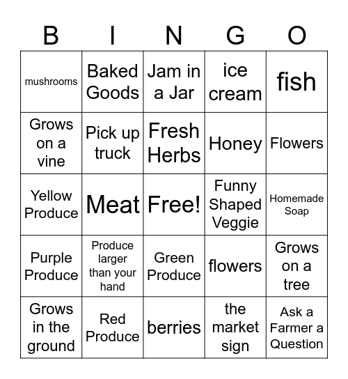 Farmers Market Bingo Card