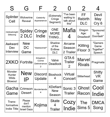 Summer Game Fest 2024 Predictions Bingo Card