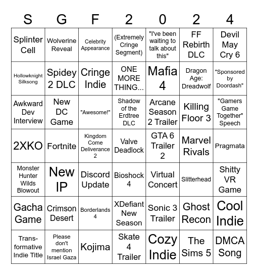 Summer Game Fest 2024 Predictions Bingo Card