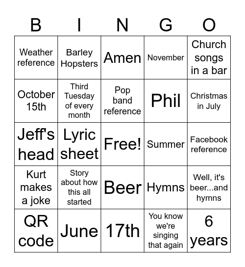 BEER & HYMNS BINGO Card