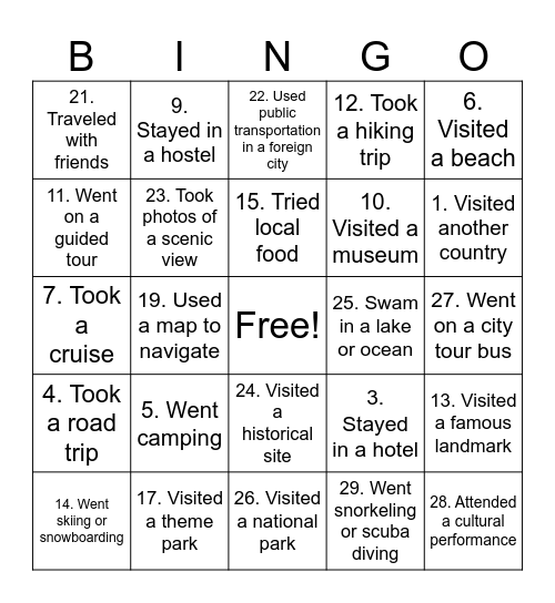 Travel Bingo Card