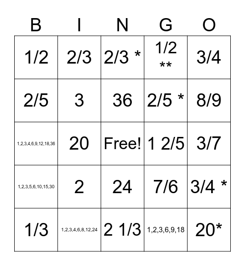 Fraction Bingo Card