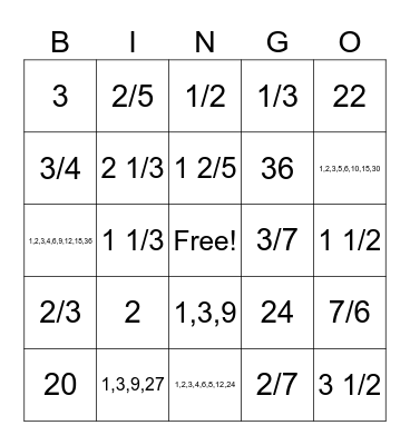 Fraction Bingo Card