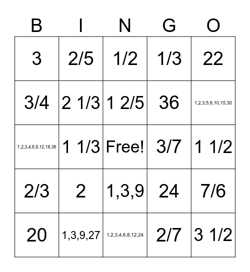 Fraction Bingo Card