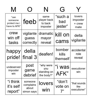 MONGY MONDAY Bingo Card