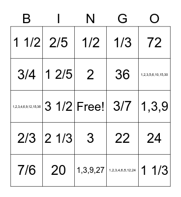 Fraction Bingo Card