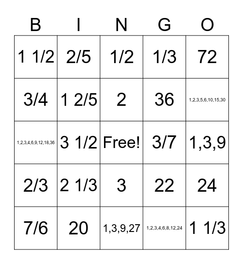 Fraction Bingo Card