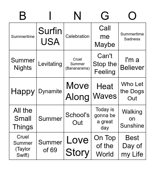 Songs of Summer Bingo Card