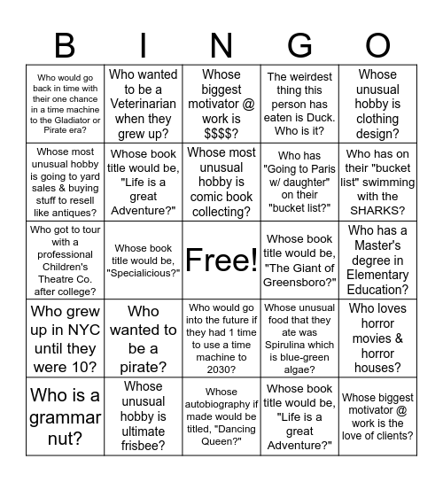 Get To Know Your Team! Bingo Card