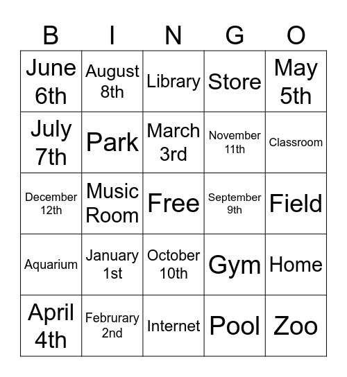 When & Where 7th Graders Bingo Card