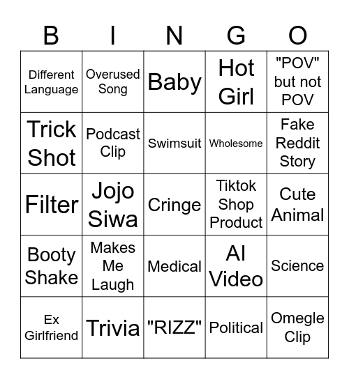 Tiktok Bingo Card