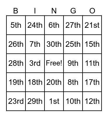 Ordinal Numbers Bingo Card