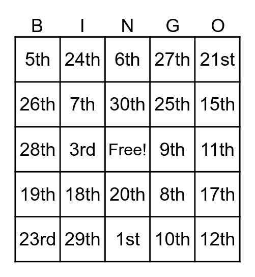 Ordinal Numbers Bingo Card