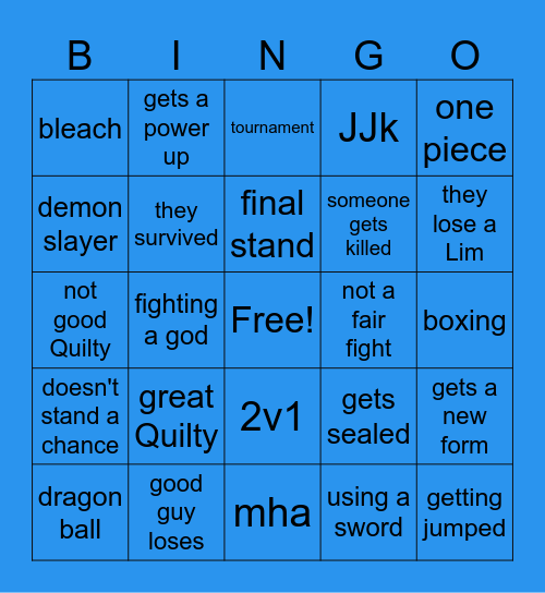 Anime fights Bingo Card