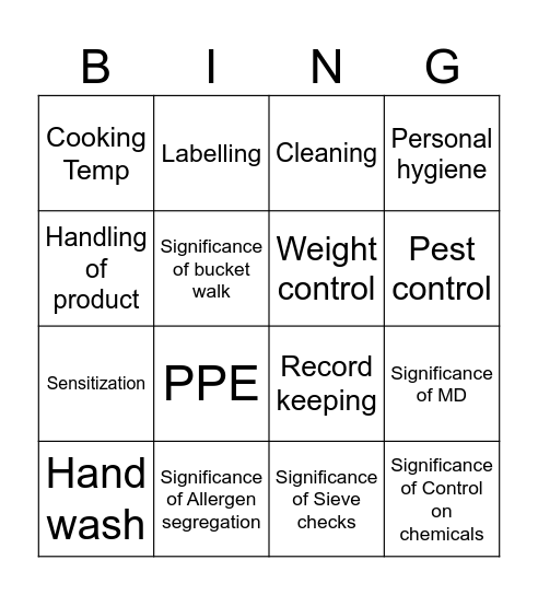 FOOD SAFETY Bingo Card