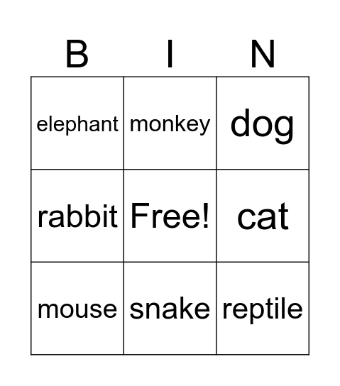 Animal Bingo Card