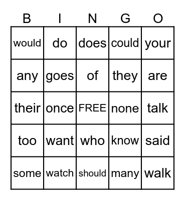 Heart Words Bingo Card