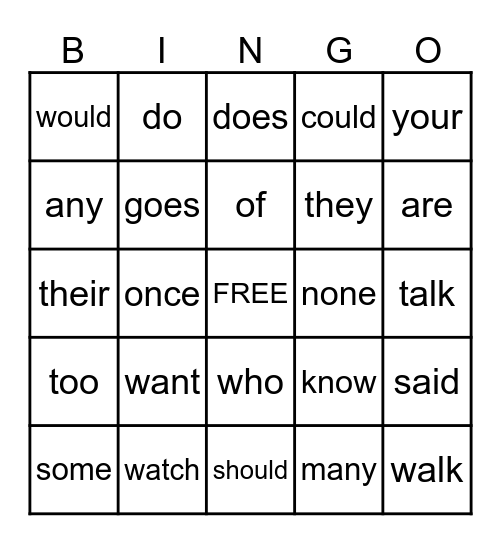 Heart Words Bingo Card