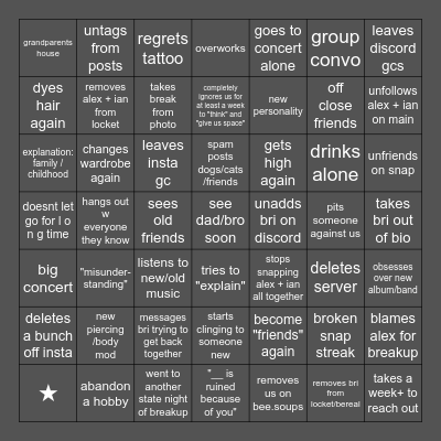post breakup wwrd Bingo Card