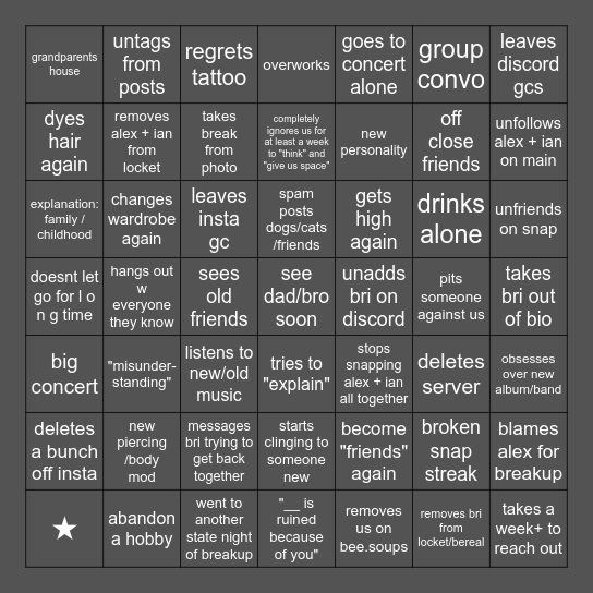 post breakup wwrd Bingo Card