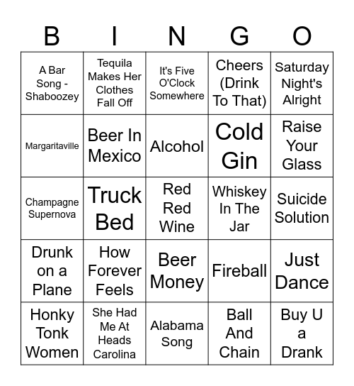 UNREFINED MUSIC BINGO - ALCOHOL SONGS Bingo Card