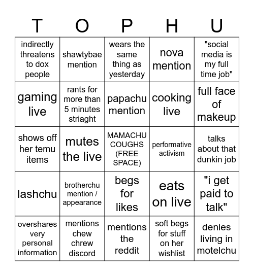 tophia livesteam bingo Card