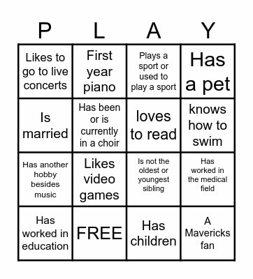 Adult Piano Camp Mixer Bingo Card