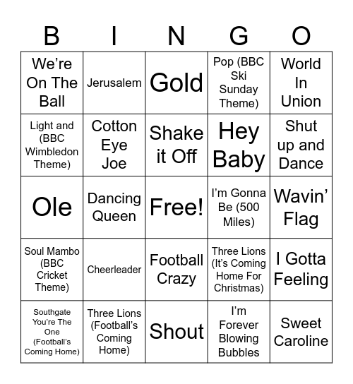 Sporting Songs Bingo! Bingo Card