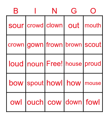 OU/OW WORDS Bingo Card